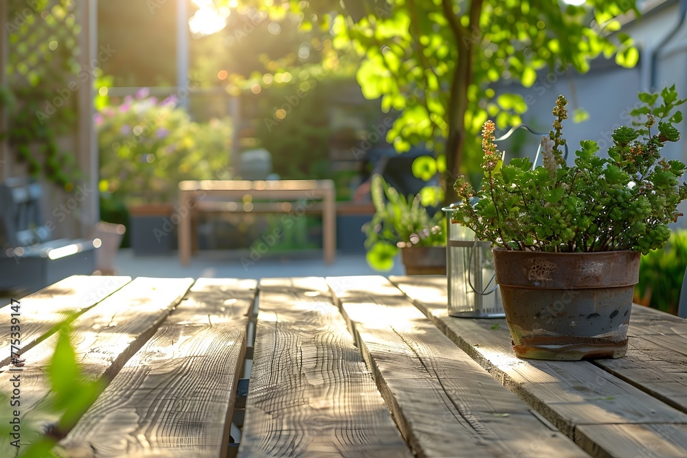 wooden table in the garden with warm sunlight mockup background generative ai wooden table in the garden with warm sunlight mockup background generative ai