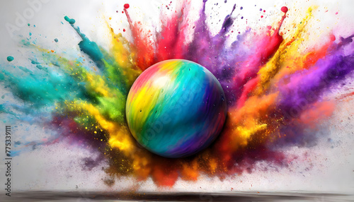 Dynamic Display: Colorful Rainbow Holi Paint Powder Explosion Featuring Leading Bowling Ball