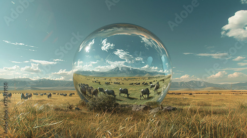 A vast expanse of rolling plains and grasslands, home to roaming herds of wild animals, enclosed within a boundless 3D glass globe. © Ammara studio