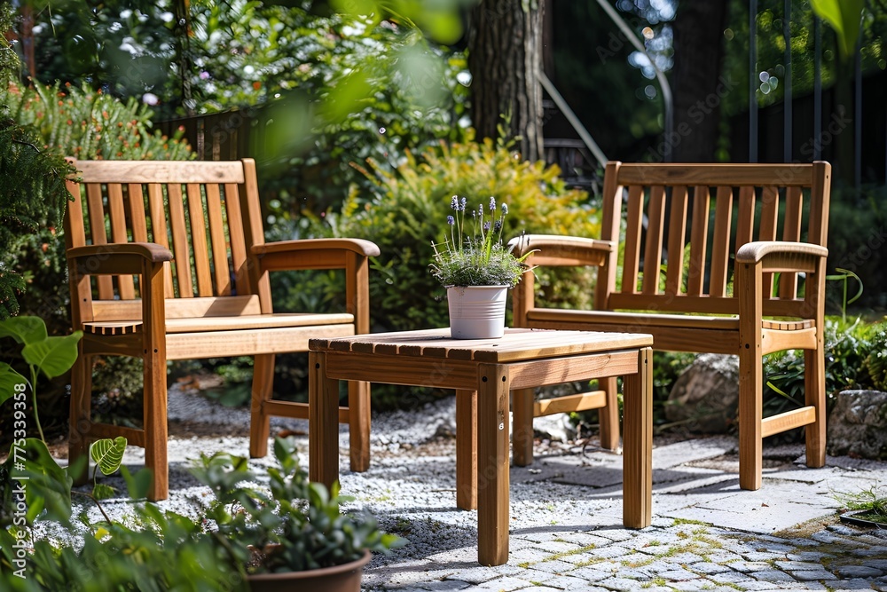 wooden chairs and a table in a green garden peaceful atmosphere generative ai