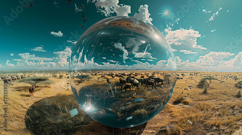 A vast savanna stretching into the horizon, featuring roaming herds of wildlife, encased within a stunning 3D glass globe.