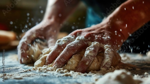 Man kneading dough on a wooden table close-up of hands.