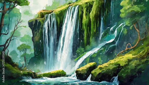 Big waterfall with green moss at the edge of it. Abstract art. Beautiful natural landscape.