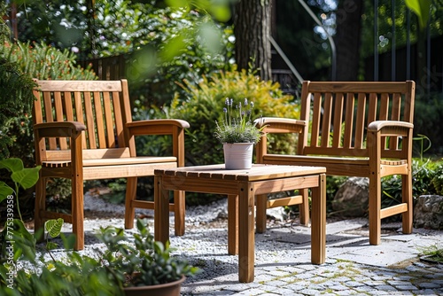 wooden chairs and a table in a green garden peaceful atmosphere generative ai