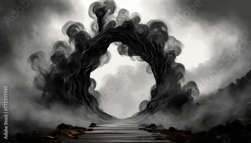 Black smoke in form of an arch. Mystical view. Fantasy world. Abstract art.