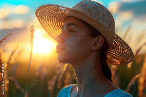 Woman enjoying serene sunset amidst wheat field wearing straw hat photo
