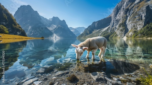 This image captures the moment a lamb curiously approaches a clear mountain lake, dipping its hooves into the water.