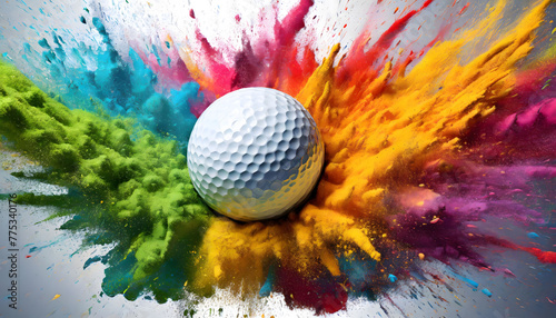Spectacular Burst: Colorful Rainbow Holi Paint Powder Explosion Highlighting Golf Ball at the Forefront