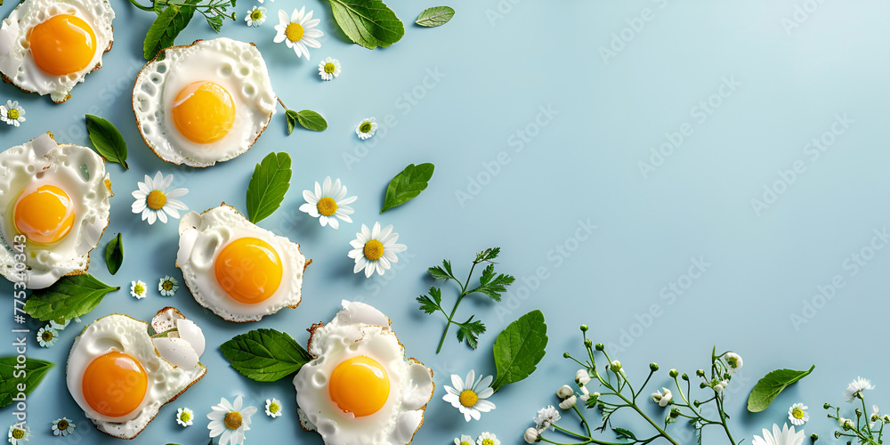Sunny side up eggs with fresh daisies on a tranquil blue background. Copy space Sunny side up eggs with fresh daisies on a tranquil blue background. Copy space