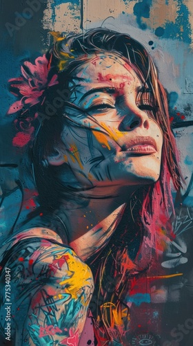 Colorful graffiti portrait of a woman with tattoos on her shoulder.