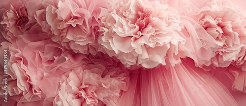   A close-up of a pink dress with frills at the hemline and a flower on the waistline photo