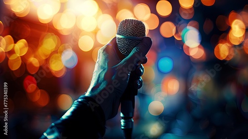 A hand holding a microphone in front of a full auditorium. The concept of public speaking. Illustration for cover, banner, poster, brochure, advertising, marketing or presentation.