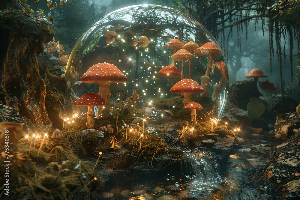 An enchanted forest realm encased in a transparent 3D glass globe, with glowing mushrooms, sparkling streams, and ethereal wildlife. - obrazy, fototapety, plakaty 