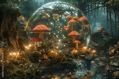 An enchanted forest realm encased in a transparent 3D glass globe, with glowing mushrooms, sparkling streams, and ethereal wildlife.