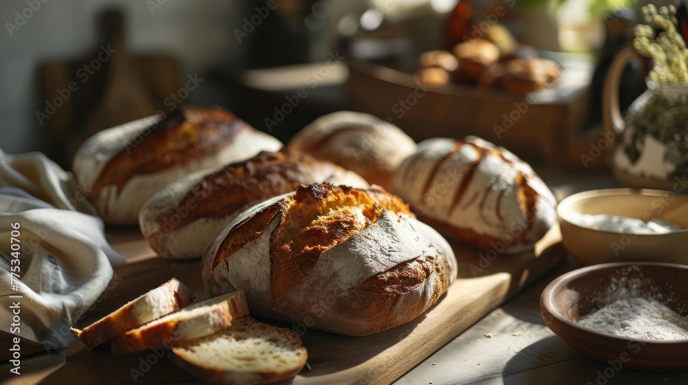 A wooden tray with multiple loaves of bread on it, some sliced and some whole.