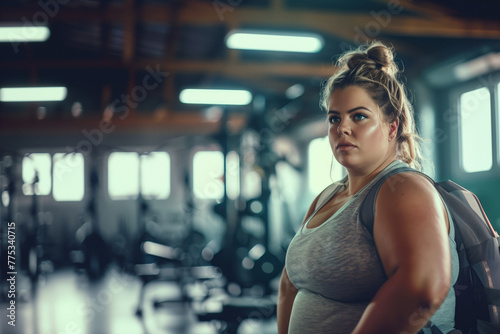 A confident woman in gym attire stands poised, ready for a workout, conveying a message of body positivity and determination photo