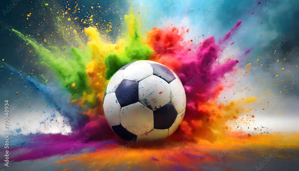 Vibrant Explosion: Colorful Rainbow Holi Paint Powder with Soccer Ball Leading the Way