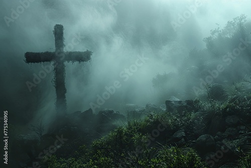 Cross silhouette seen through a foggy forest, mystery green background for exploring financial depths.