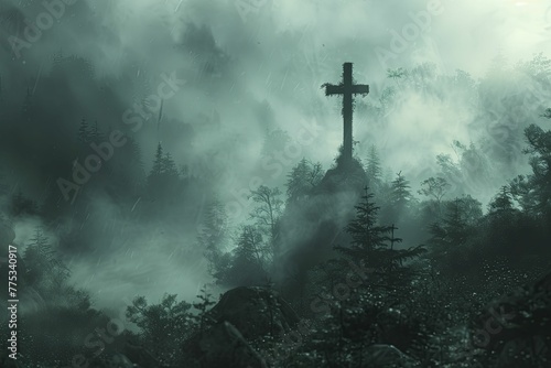 Exploring financial mysteries amidst a foggy forest, a cross silhouette hints at hidden depths in the green unknown.