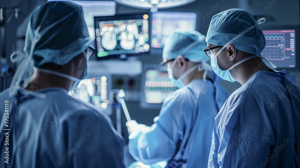 concentrated surgical team of doctors and nurses operates on a patient in the operating room. watching the readings on the monitors. anesthesiologist with complex equipment accompanies the operation. concentrated surgical team of doctors and nurses operates on a patient in the operating room. watching the readings on the monitors. anesthesiologist with complex equipment accompanies the operation.