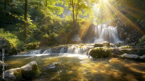 A mountain stream flows in a mountainous area surrounded by forests on a sunny day. Natural background. Illustration for cover, card, postcard, interior design, banner, poster, brochure, presentation. © Login