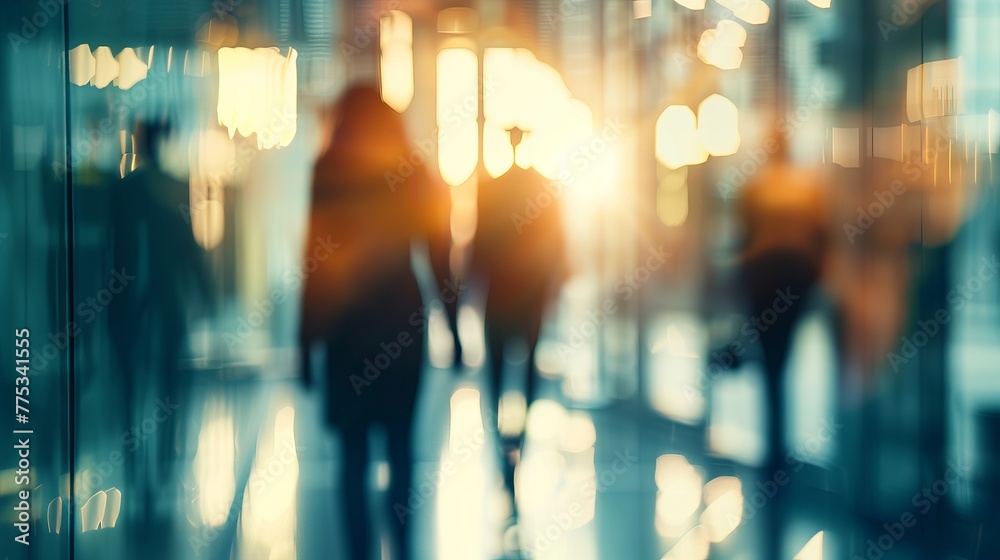 Blurred silhouettes of busy professionals in modern office setting, abstract business concept with motion blur Blurred silhouettes of busy professionals in modern office setting, abstract business concept with motion blur