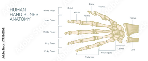 The human hand skeleton comprises multiple bones that provide structure and support to the hand. human hand bones vector illustration. photo