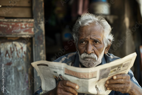 Worried indian old man with white hair reading newspaper