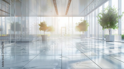Enigmatic business ambiance  blurred office interior with soft light streaming through glass walls - conceptual image of lobby reception or meeting room atmosphere