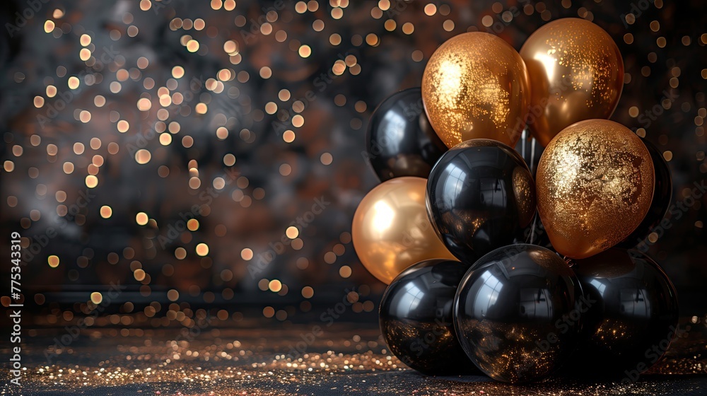 Naklejka premium Gold and black balloons create a stunning event decor, copy space