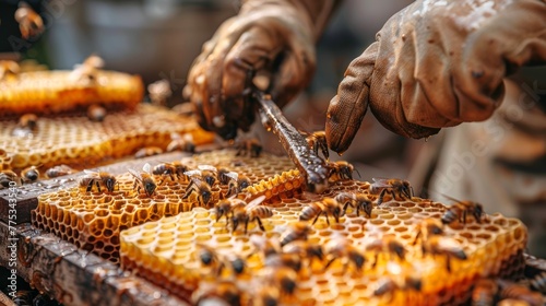 Beekeeper's hands working on honey extraction. Harvesting honeycomb from the hive. Concept of organic honey production, traditional beekeeping, and sustainable food sources.