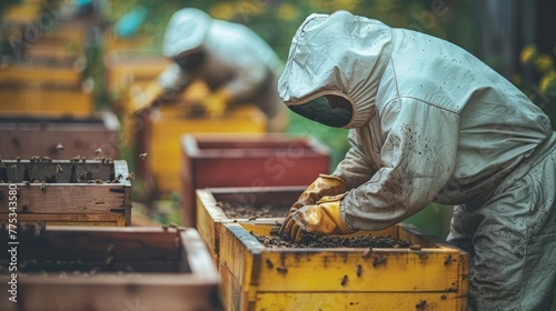 Beekeeper caring for bees at colorful apiary. Examining beehives amidst flying bees. Concept of apiculture, bee farming, nature conservation, and outdoor work.