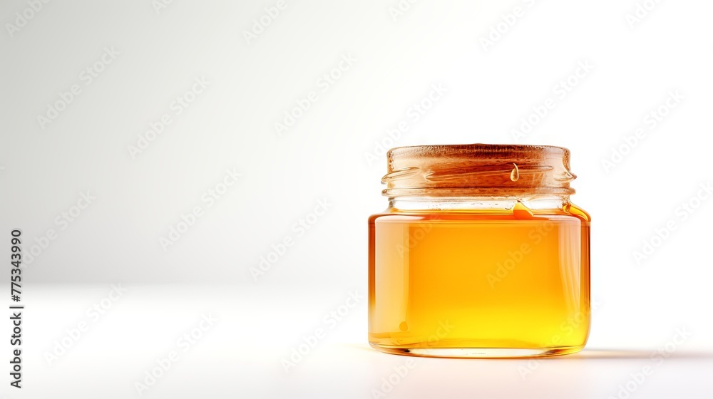 Honey in a transparent glass jar isolated on white background. Concept of simplicity, natural sweeteners, healthy eating, and bee products. Banner. Copy space Honey in a transparent glass jar isolated on white background. Concept of simplicity, natural sweeteners, healthy eating, and bee products. Banner. Copy space