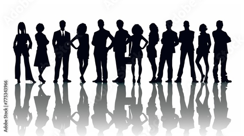 Vector silhouettes of men and a women, a group of standing business people with shadow, black color isolated on white background