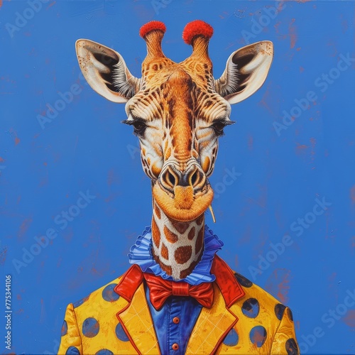 a giraffe wearing a clown suit collectible on a blue background. Photo real. we see the full giraffe 