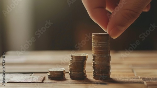 Hand arranging coins on a wooden background - The image highlights the meticulous action of a hand arranging coins, symbolizing financial management and savings