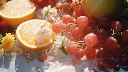 Fresh Citrus and Grapes with Water Droplets photo