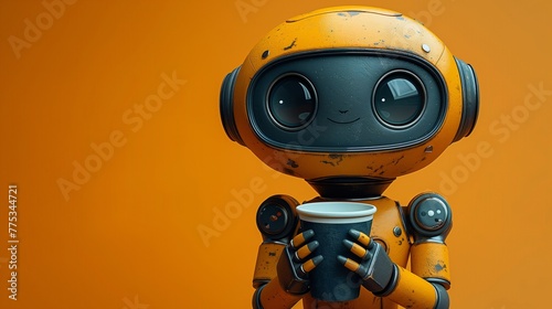 A quirky robot with soulful digital eyes takes a coffee break, its mechanical charm offering a heartwarming glimpse into a future where technology and human routines joyfully intersect.
