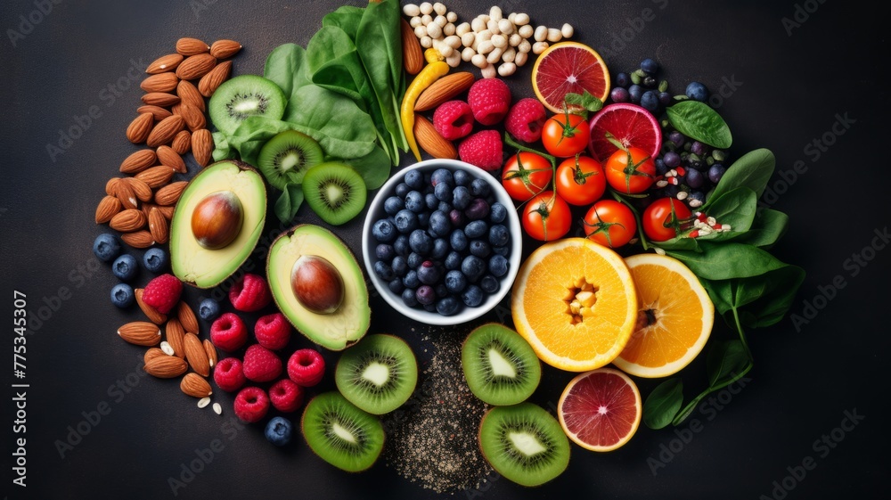 Assorted fresh fruits and nuts on dark background - Colorful array of fresh fruits and nuts neatly arranged on a dark surface highlighting healthy eating Assorted fresh fruits and nuts on dark background - Colorful array of fresh fruits and nuts neatly arranged on a dark surface highlighting healthy eating