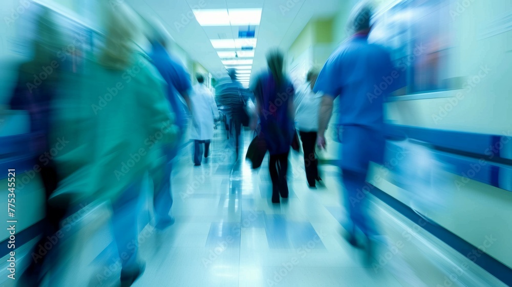 Busy hospital corridor with motion blur effect - Dynamic image of busy hospital personnel in blue scrubs rushing through a brightly lit corridor with motion blur effect symbolizing urgency and dedicat Busy hospital corridor with motion blur effect - Dynamic image of busy hospital personnel in blue scrubs rushing through a brightly lit corridor with motion blur effect symbolizing urgency and dedicat