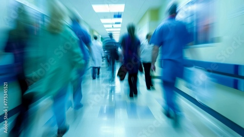 Busy hospital corridor with motion blur effect - Dynamic image of busy hospital personnel in blue scrubs rushing through a brightly lit corridor with motion blur effect symbolizing urgency and dedicat © Tida