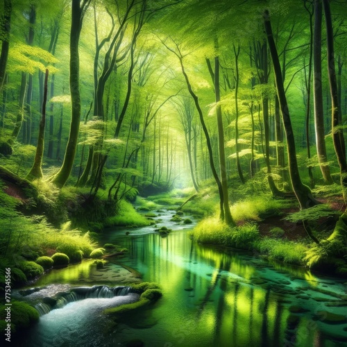 A serene scene of a sunlit stream flowing through an enchanting green forest  radiating tranquility and natural beauty