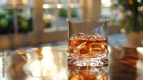 Glass of Tennessee whiskey on table with ice cubes, a classic barware display
