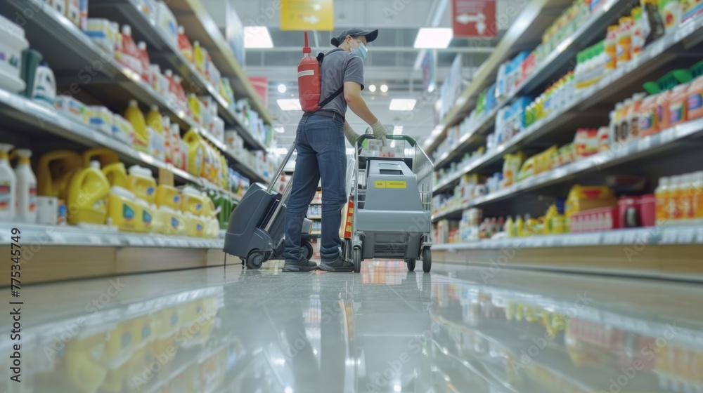 Obraz premium Professional cleaning services worker operating floor washing machine to sanitize supermarket premises: hygiene maintenance in retail environment