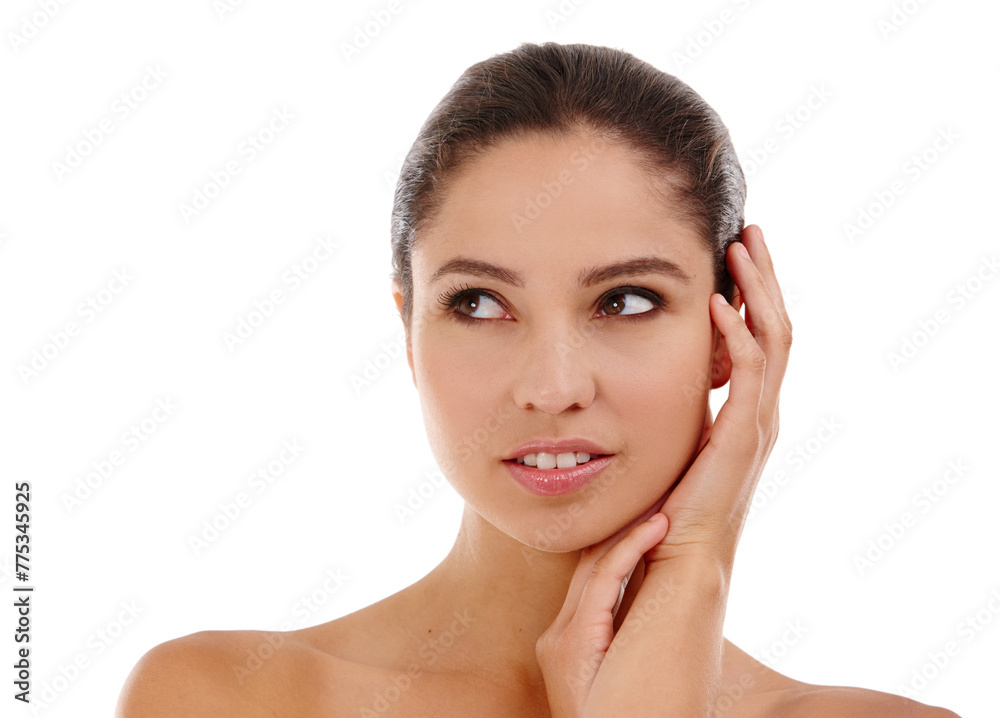Woman, touch and smooth skin in studio, cosmetics and skincare for beauty on white background. Female person, mockup space and satisfaction for facial treatment, dermatology and confident for glow Woman, touch and smooth skin in studio, cosmetics and skincare for beauty on white background. Female person, mockup space and satisfaction for facial treatment, dermatology and confident for glow