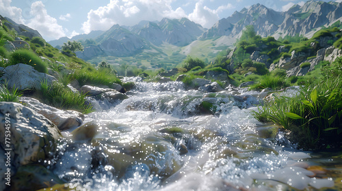 dynamic movement of mountain streams rushing over rocky terrain