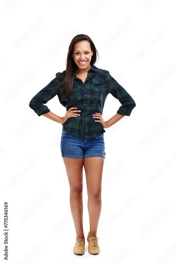 Portrait, woman and fashion with checkered shirt style for design of creative marketing appreciation. Natural, person and confident in stylish, retro and clothes on isolated white studio background Portrait, woman and fashion with checkered shirt style for design of creative marketing appreciation. Natural, person and confident in stylish, retro and clothes on isolated white studio background