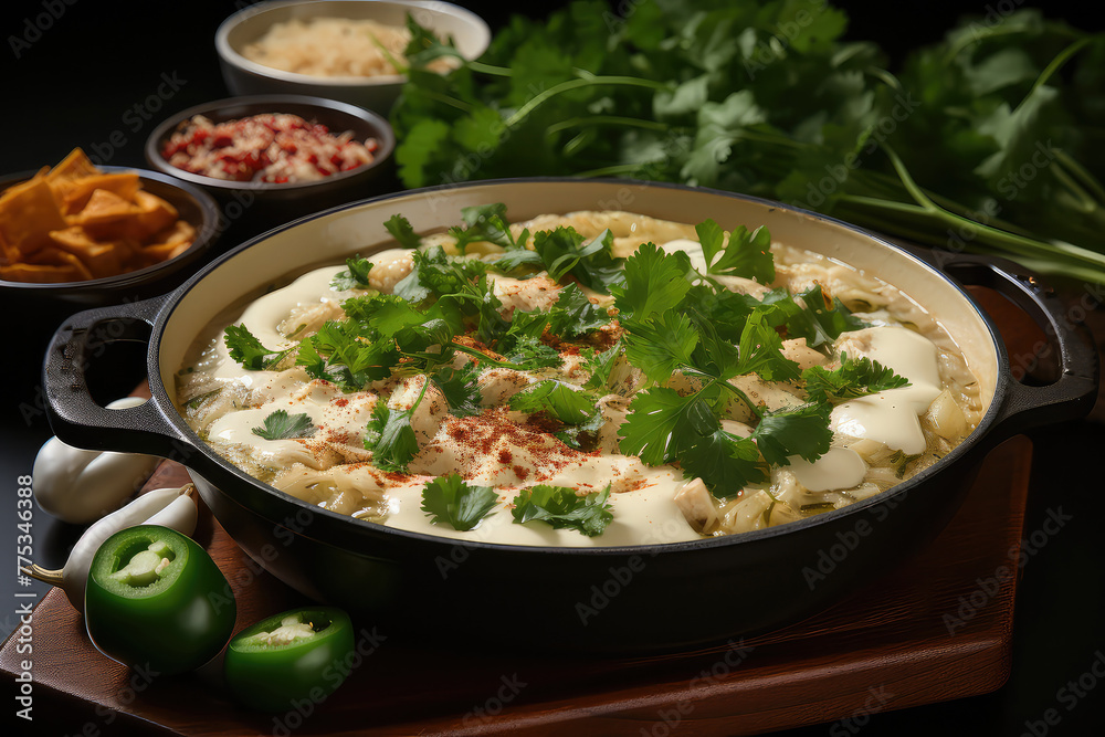 Yummy white chili! Cook beans, chicken, and add creamy cream cheese. Mix it up, so tasty! Warm and comforting, like a cozy hug for your tummy. Eat with joy! 