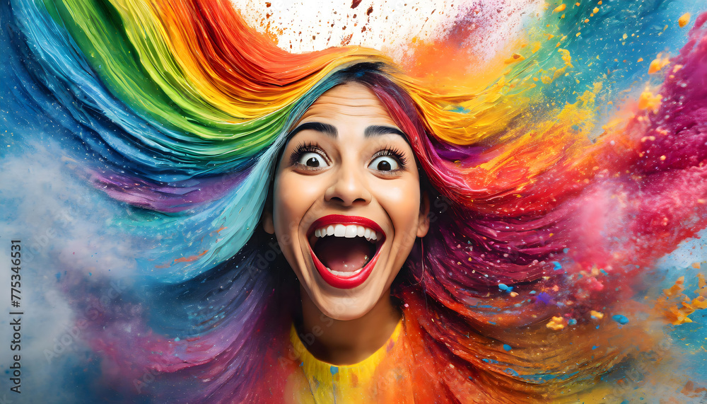 Vivid Display: Colorful Rainbow Holi Paint Powder Explosion Featuring Joyful and Excited Expression of a Woman's Face