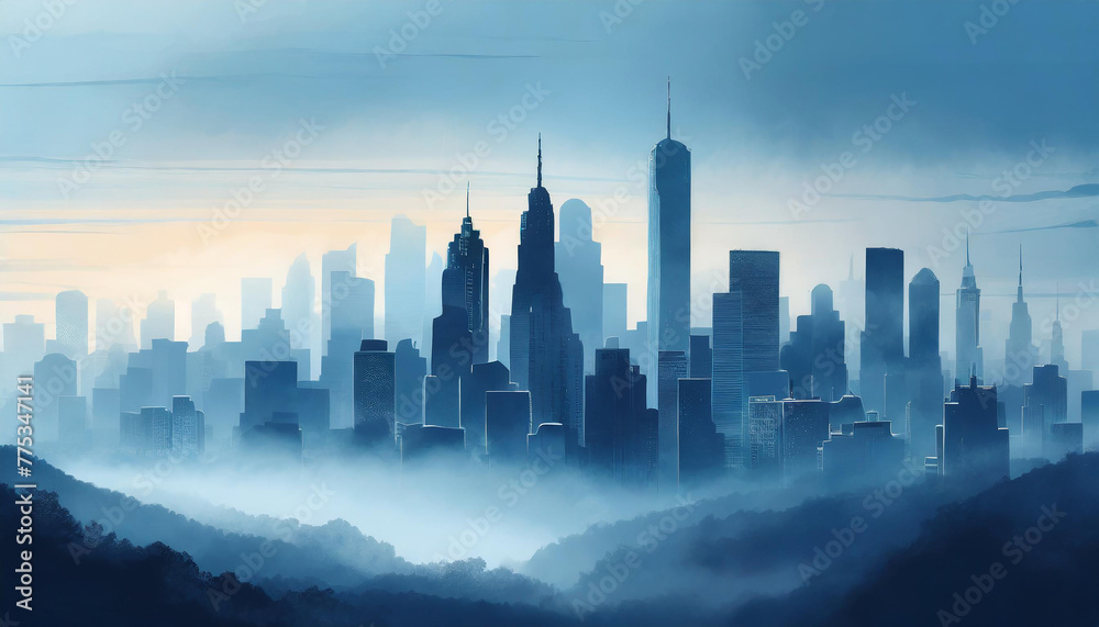 Illustration of cityscape skyline with fog. Modern buildings. Abstract art. Blue tones.